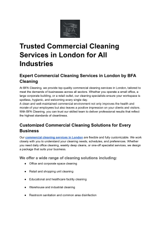 Trusted Commercial Cleaning Services in London for All Industries