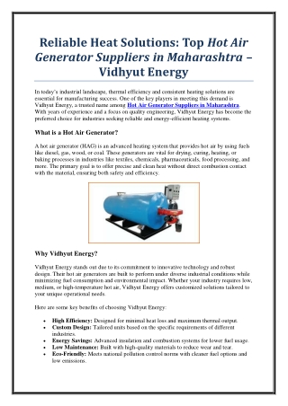 Affordable Hot Air Generator Suppliers in Maharashtra – Vidhyut Energy