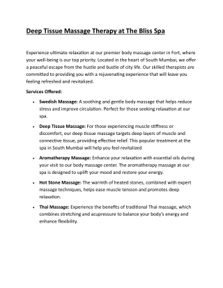 Deep Tissue Massage Therapy at The Bliss Spa