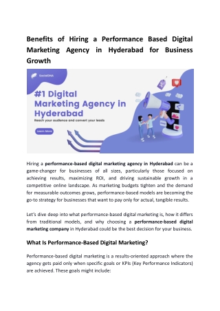 Benefits of Hiring a Performance Based Digital Marketing Agency in Hyderabad