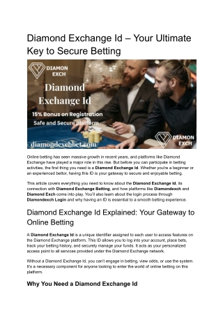 Get Started with Your Diamond Exchange Id for Betting