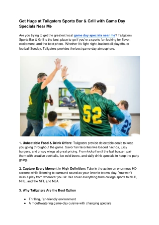 Get Huge at Tailgaters Sports Bar & Grill with Game Day Specials Near Me