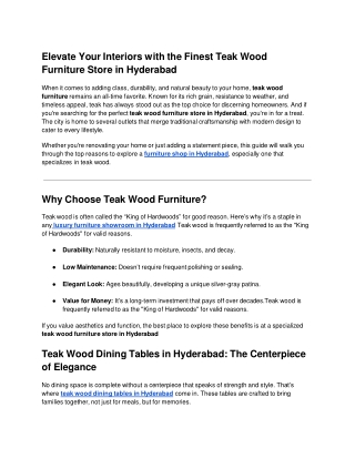 Elevate Your Interiors with the Finest Teak Wood Furniture Store in Hyderabad