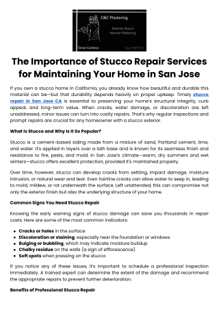 The Importance of Stucco Repair Services for Maintaining Your Home in San Jose