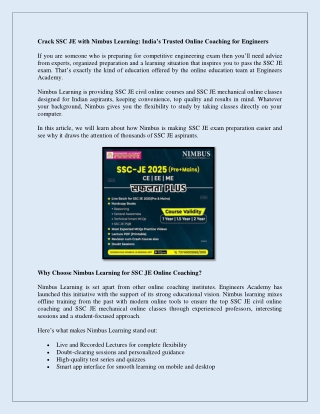Crack SSC JE with Nimbus Learning India Trusted Online Coaching for Engineers