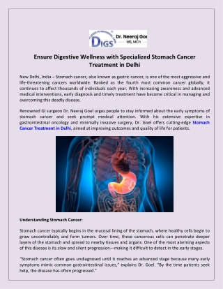 Ensure Digestive Wellness with Specialized Stomach Cancer Treatment in Delhi