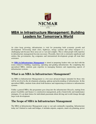 MBA in Infrastructure Management: Building Leaders for Tomorrow’s World