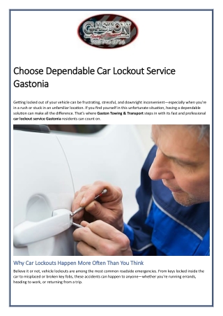 Choose Dependable Car Lockout Service Gastonia