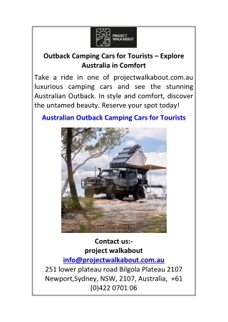 Outback Camping Cars for Tourists – Explore Australia in Comfort