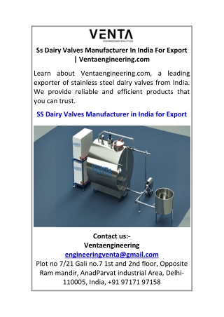 Ss Dairy Valves Manufacturer In India For Export Ventaengineering.com