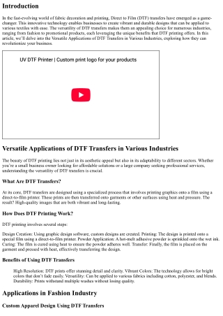 Versatile Applications of DTF Transfers in Various Industries