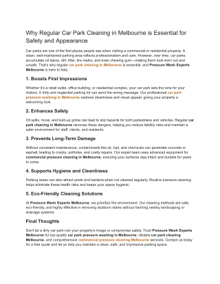 Why Regular Car Park Cleaning in Melbourne is Essential for Safety and Appearance