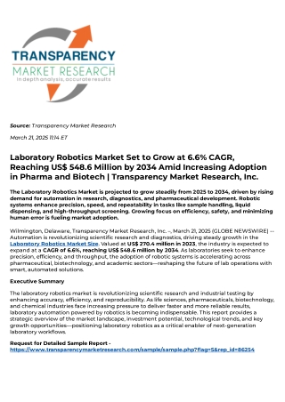 Laboratory Robotics Market Set to Grow at 6.6% CAGR, Reaching US$ 548.6 Million