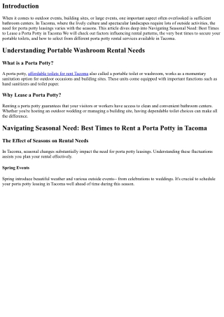 Navigating Seasonal Need: Finest Times to Lease a Porta Potty in Tacoma