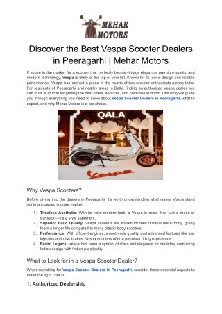 Discover the Best Vespa Scooter Dealers in Peeragarhi | Mehar Motors
