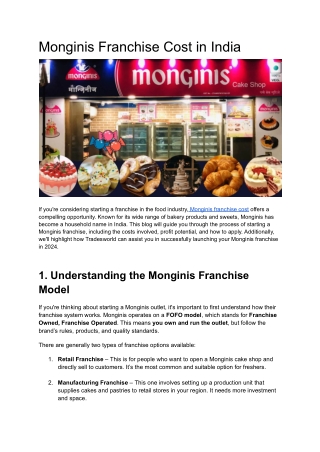 Monginis Franchise Cost in India