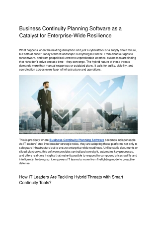 Business Continuity Planning Software as a Catalyst for Enterprise-Wide Resilience