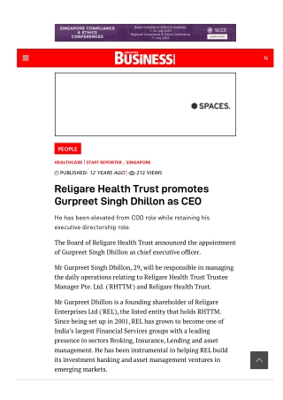 Gurpreet Dhillon - Religare Health Trust promotes Gurpreet Singh Dhillon as CEO