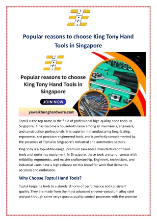 Popular reasons to choose King Tony Hand Tools in Singapore