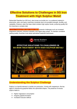 Effective Solutions to Challenges in SG Iron Treatment with High Sulphur Metal