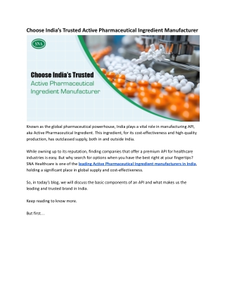 Choose India’s Trusted Active Pharmaceutical Ingredient Manufacturer