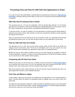 Processing Time and Fees for USA Visit Visa Applications in Dubai
