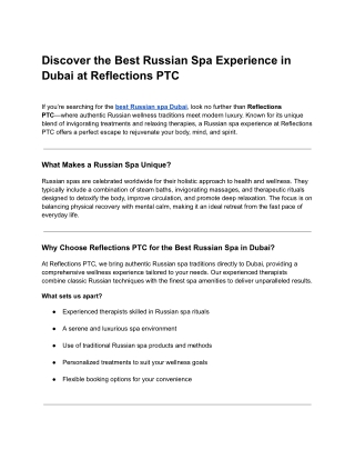 Discover the Best Russian Spa Experience in Dubai at Reflections PTC