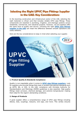 Selecting the Right UPVC Pipe Fittings Supplier in the UAE - Key Considerations