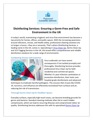 Disinfecting Services Ensuring a Germ-Free and Safe Environment in the UK
