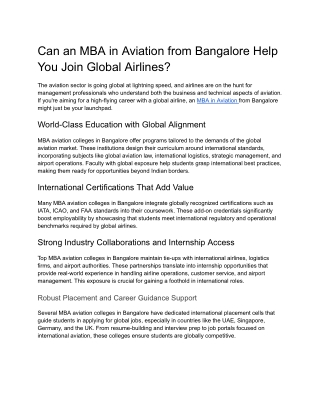 Can an MBA in Aviation from Bangalore Help You Join Global Airlines