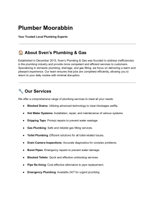 Plumber Moorabbin – Reliable Plumbing Services by Sven’s Plumbing & Gas