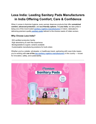 Lexa India Leading Sanitary Pads Manufacturers in India