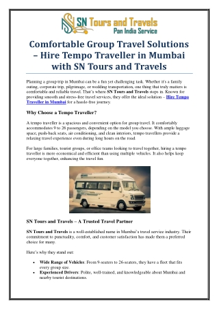 Best Service to Hire Tempo Traveller in Mumbai – SN Tours and Travels