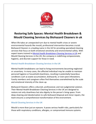 Restoring Safe Spaces Mental Health Breakdown & Mould Cleaning Services by Biohazard Cleaners in uk
