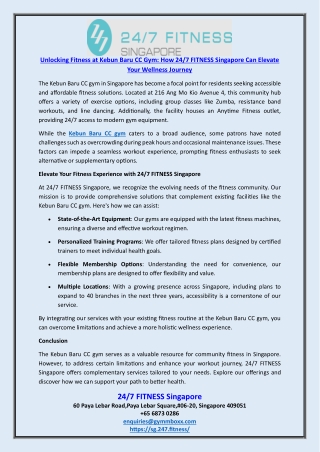 Unlocking Fitness at Kebun Baru CC Gym How 247 FITNESS Singapore Can Elevate Your Wellness Journey