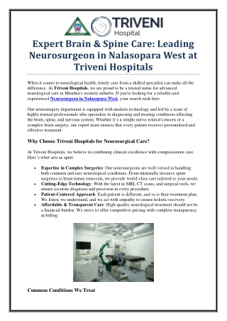 Experienced Neurosurgeon in Nalasopara West – Book at Triveni Hospitals