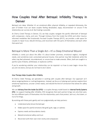 How Couples Heal After Betrayal Infidelity Therapy in Denver