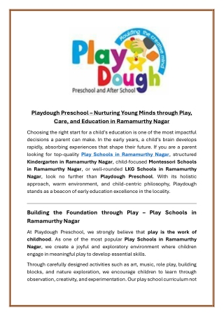 Playdough Preschool – Nurturing Young Minds through Play, Care, and Education in Ramamurthy Nagar