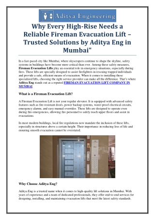 Best FIREMAN EVACUATION LIFT COMPANY IN MUMBAI | Aditya Eng