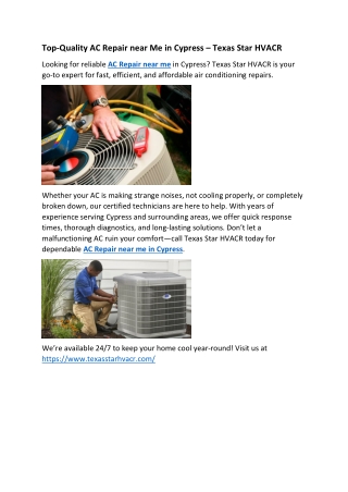 Top-Quality AC Repair near Me in Cypress – Texas Star HVACR