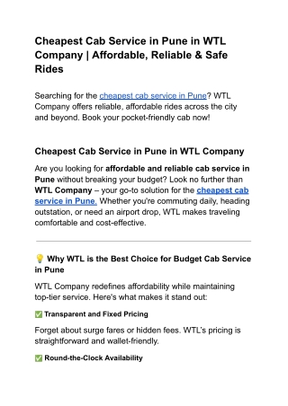 Cheapest Cab Service in Pune in WTL Company _ Affordable, Reliable & Safe Rides