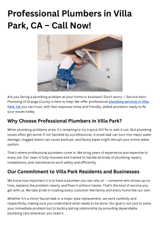 Professional Plumbers in Villa Park, CA – Call Now!