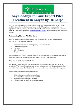 Best Piles Treatment in Kalyan – Consult Dr. Garje for Lasting Relief