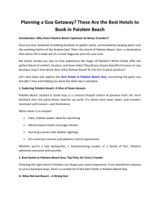 Hotels Near Palolem Beach - Hilias Retreat Resort