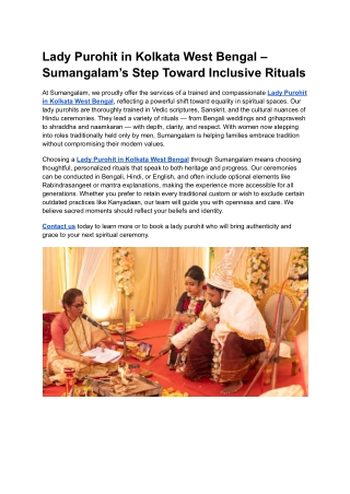 Lady Purohit in Kolkata West Bengal – Sumangalam’s Step Toward Inclusive Rituals