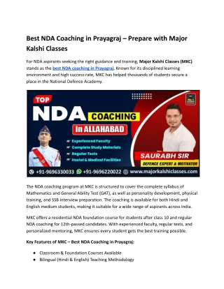 Best NDA Coaching in Prayagraj – Prepare with Major Kalshi Classes