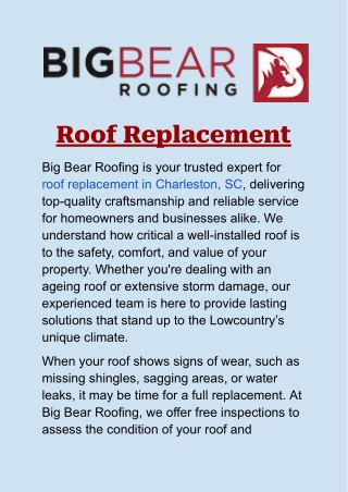 Roof Replacement in Charleston, SC: Fast & Reliable by Big Bear Roofing