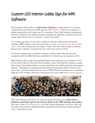 Custom LED Interior Lobby Sign for MRI Software