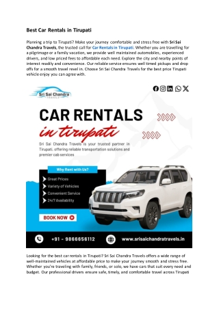Best Car Rentals in Tirupati