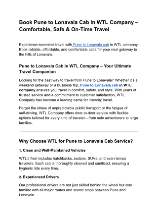 Book Pune to Lonavala Cab in WTL Company – Comfortable, Safe & On-Time Travel